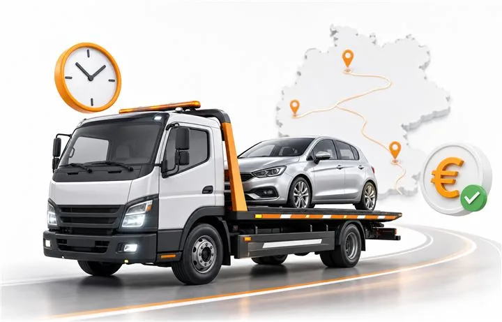 3D-Visual einer deutschlandweiten Autoabholung mit Transportfahrzeug