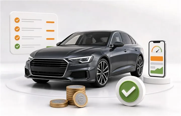 3D-Visual einer Fahrzeugbewertung mit Checkliste und Sofortangebot