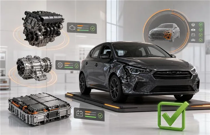 3D-Visual einer Fahrzeugdiagnose mit Motor, Batterie und Getriebe